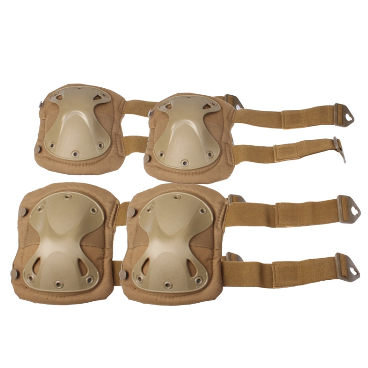 Knee and elbow pads set with four molded beige guards and long tan fastening straps.