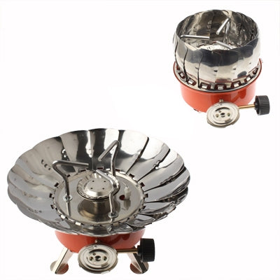 Windproof camping stove with reflective windscreen, silver burner, and orange base