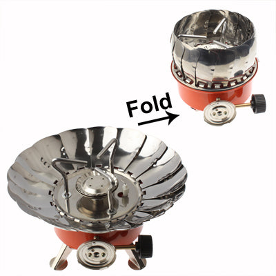 Folded windproof camping stove with reflective windscreen, circular burner, orange control
