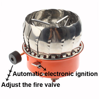 Windproof camping stove with reflective windscreen and adjustable fire valve control