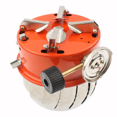 Windproof camping stove top view with reflective windscreen, orange body, and gas knob