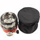Windproof camping stove with storage bag, reflective windscreen, silver burner, orange base