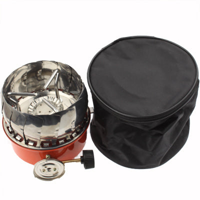 Windproof camping stove with storage bag, reflective windscreen, silver burner, orange base