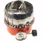 Windproof camping stove with reflective windscreen and front gas control knob on orange base