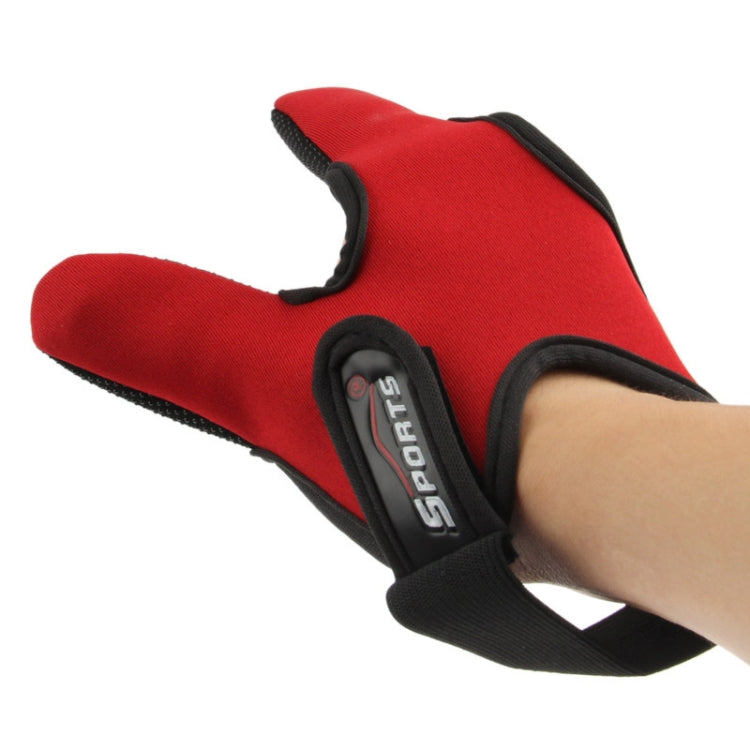 Red two-finger fishing gloves with black wrist cuff and logo patch