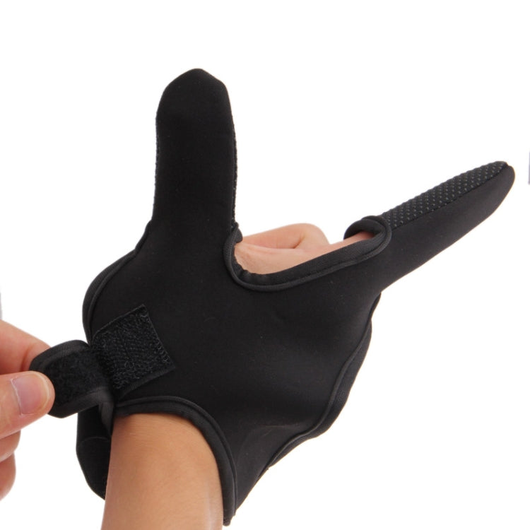 Black two-finger fishing glove with wrist strap and thumb opening