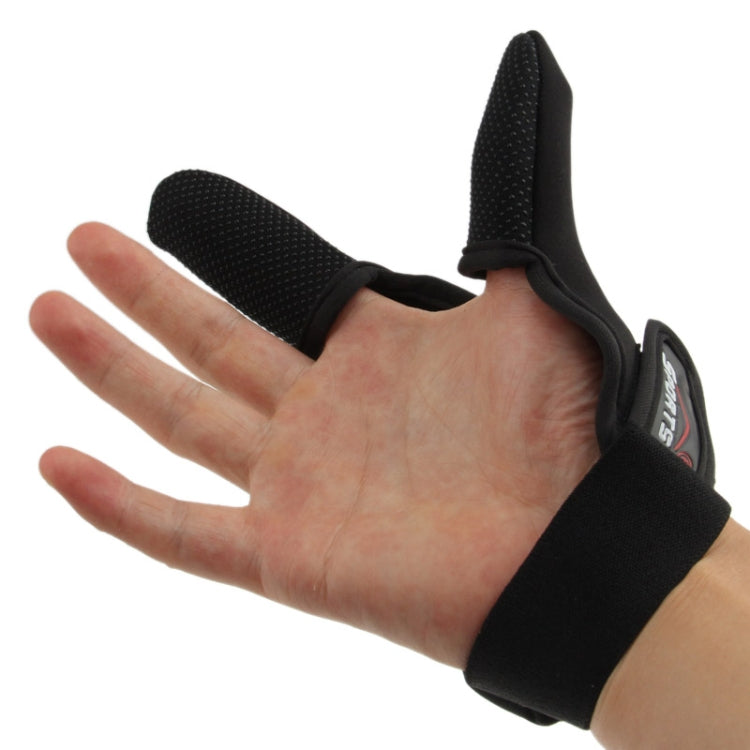 Black two-finger fishing glove with textured palm and open finger design