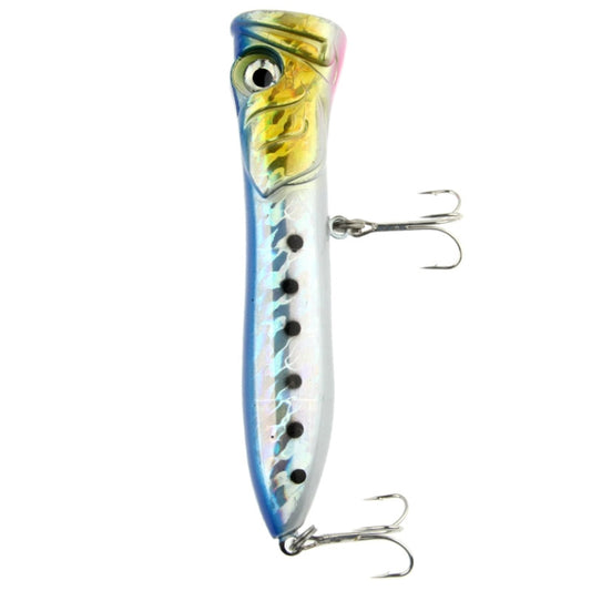 Blue and gold topwater popper lure, end view with treble hooks and speckled body