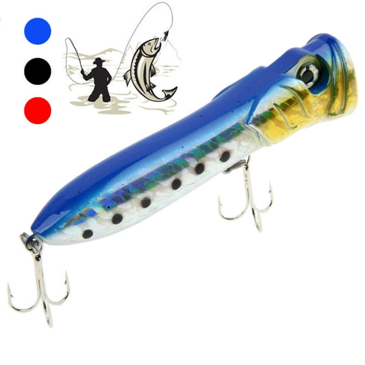 Blue and gold surface fishing popper lure with treble hooks and white belly