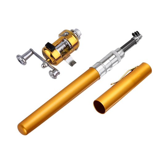 Pen-style fishing rod with gold circular pulley reel and silver flywheel, unfolded