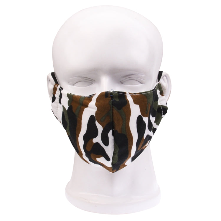Camouflage cotton protective face mask on mannequin, ear loops