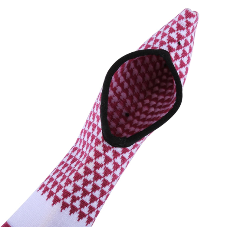 Elastic rod sleeve end pocket with black trim, maroon and white houndstooth pattern