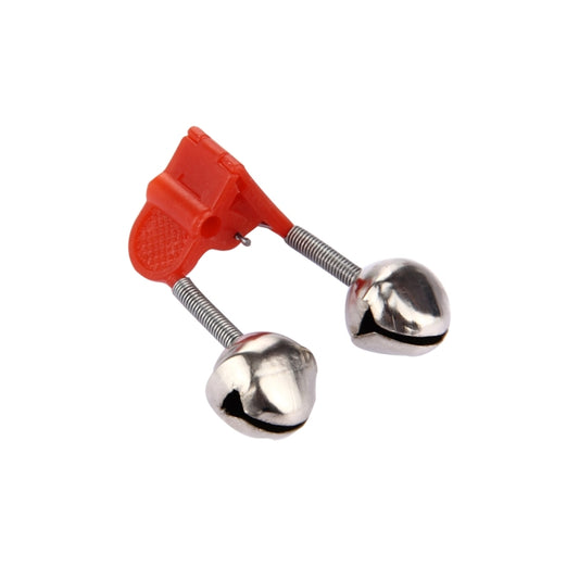 Twin-bell clip-on fishing bait alarm with red plastic clip and silver bells