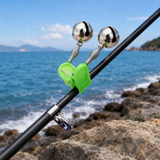 Clip-on fishing bait alarm with twin bells and green plastic clip