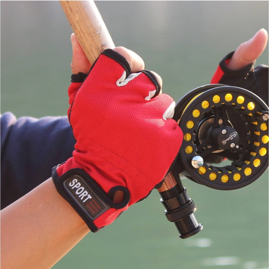 Three-finger breathable fishing glove in red and black, worn holding a fishing rod