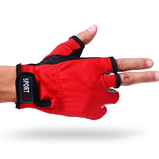 Breathable fishing gloves, three exposed fingers, red with black anti-slip cuff