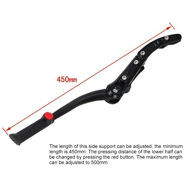 Adjustable bicycle side kickstand, 450 mm length range, black with red button