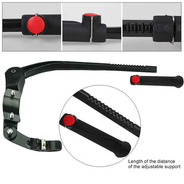 Black adjustable kickstand with red button and length adjustment slots, close-up