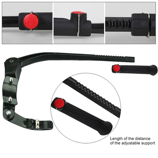 Black adjustable kickstand with red button and length adjustment slots, close-up