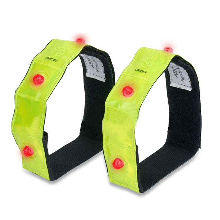 Pair LED safety bands with neon yellow straps, black fabric, and red LED lights