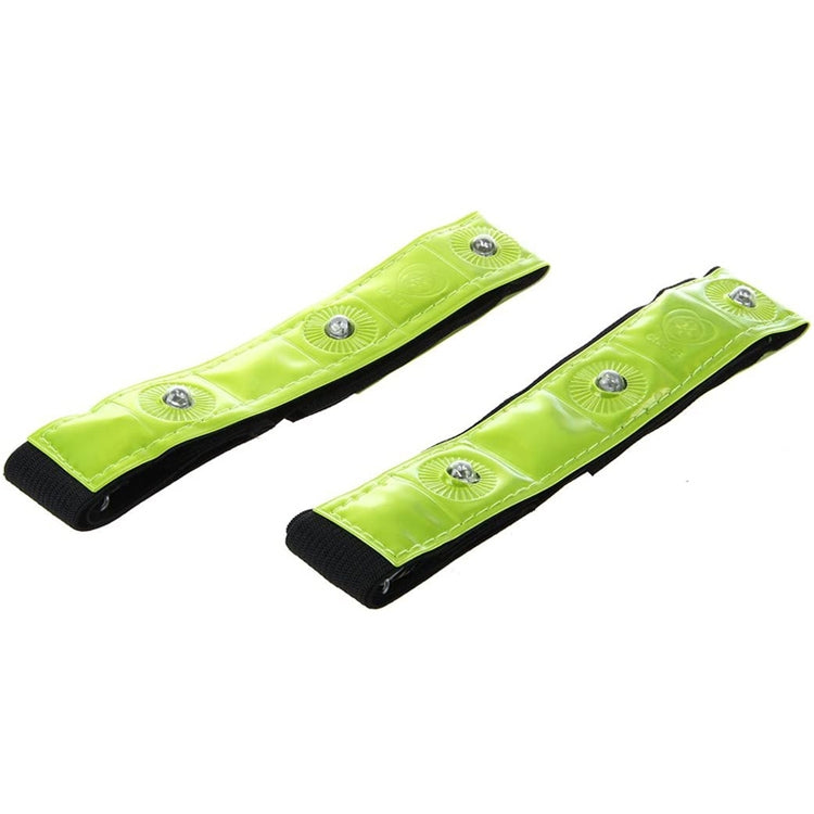 2 neon yellow LED safety bands with black elastic, silver button LEDs on top