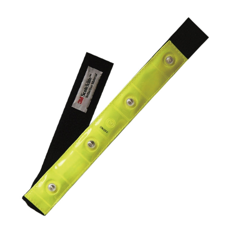 Neon yellow LED safety band with black backing strap and round silver LED lenses