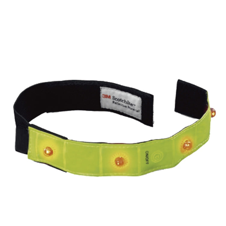 Neon yellow reflective wristband with amber LED lights and black strap, 3M label