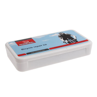 Bicycle emergency repair kit storage box with label and rider graphic