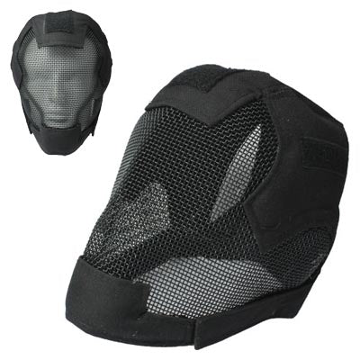 Black fencing wire guard mask with mesh face panel and padded head strap