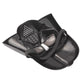 Black plastic full face mask angled view with vented mouth panel and chin strap