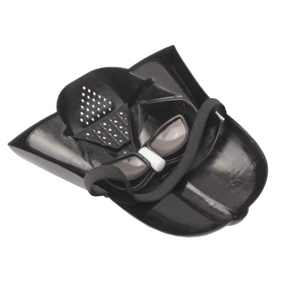 Black plastic full face mask angled view with vented mouth panel and chin strap
