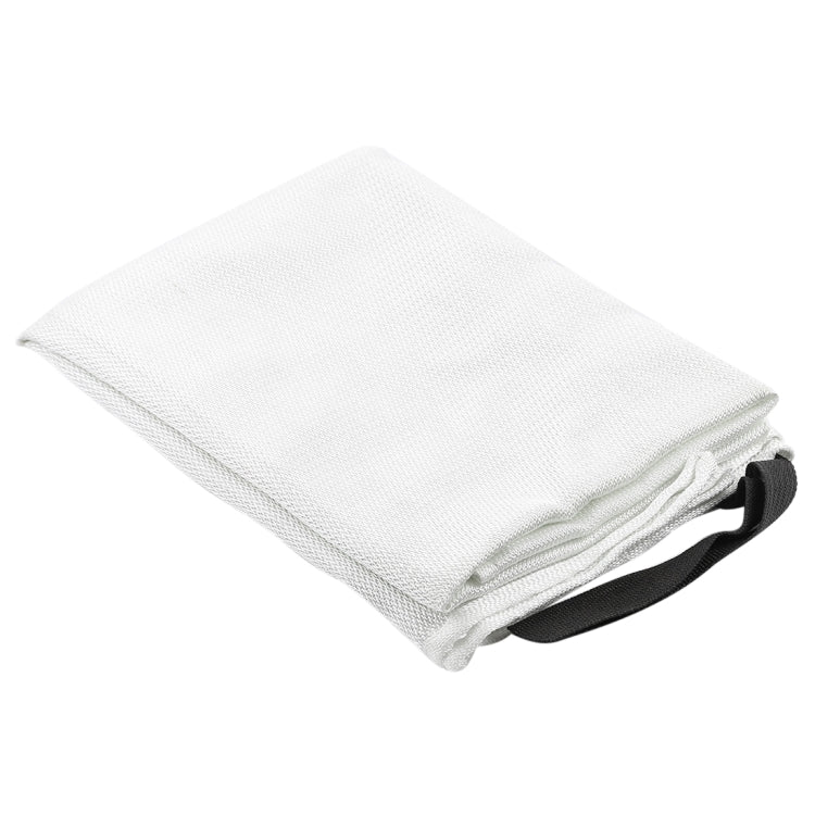 White fire blanket shelter, 1x1m, folded fabric with black release tab