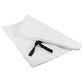 White fire blanket shelter, 1x1m, folded layers with black pull straps