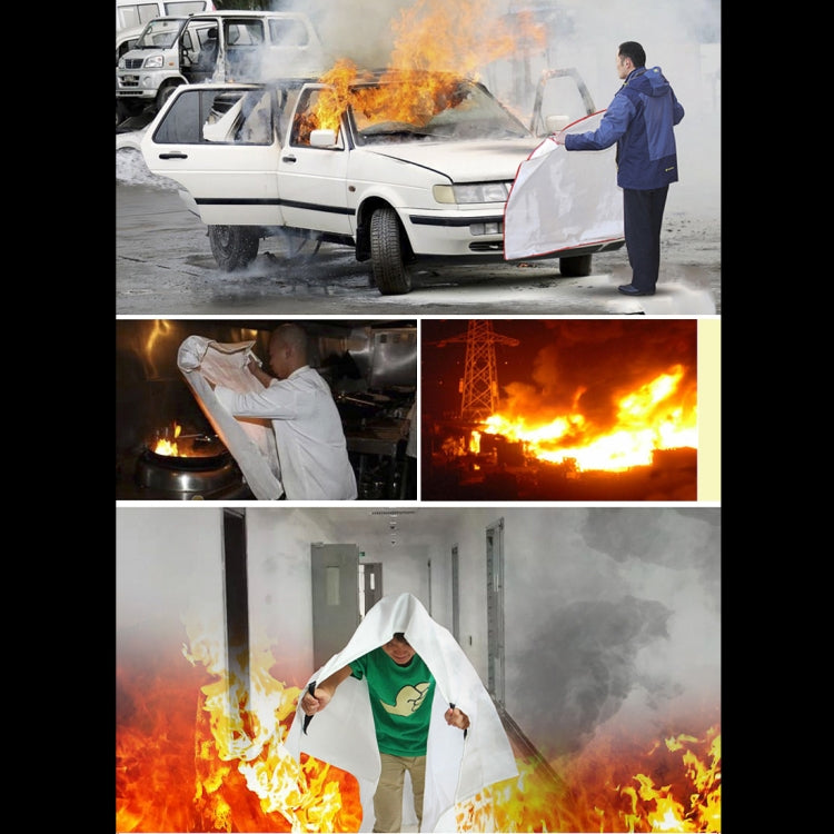 Fire blanket use kit showing white blanket deployed and stored