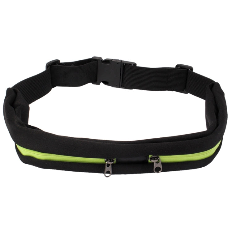 Black waterproof elastic waist bag with neon green trim, two zip pockets, adjustable belt.