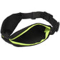 Black waterproof waist bag with neon green zipper and piping, adjustable strap.