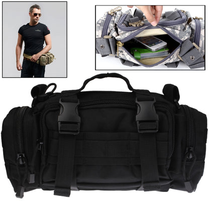 Black utility waist bag with long strap, front organizer pockets, and zip closures