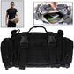 Black tactical waist bag with padded front panel, webbing straps, and multiple zip compartments