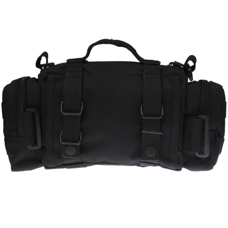 Black utility waist bag back view with center pocket, carry handle, and side attachment straps