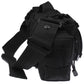 Black tactical waist bag side view with wide webbing strap, front pouch, and buckle tabs