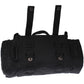 Black tactical waist bag rear view with two web handles, grommet details, and flap fasteners