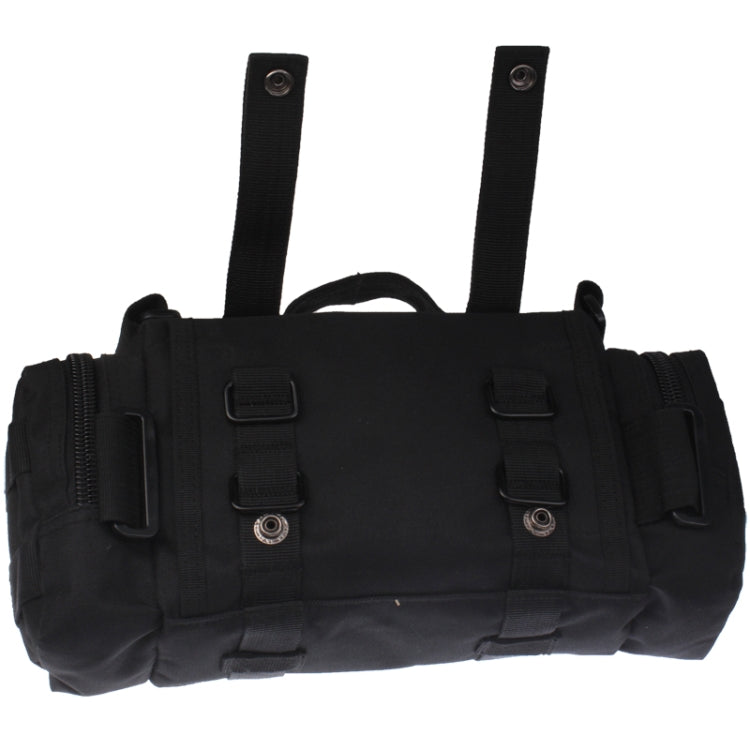 Black tactical waist bag rear view with two web handles, grommet details, and flap fasteners