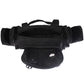 Black utility waist bag top view with main zipper, front flap pouch, and side mounting loops