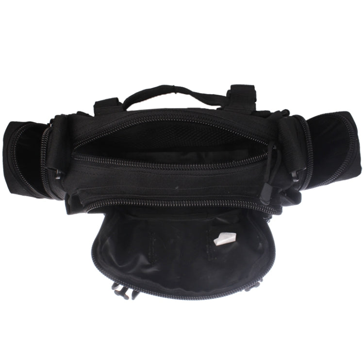 Black utility waist bag top view with main zipper, front flap pouch, and side mounting loops