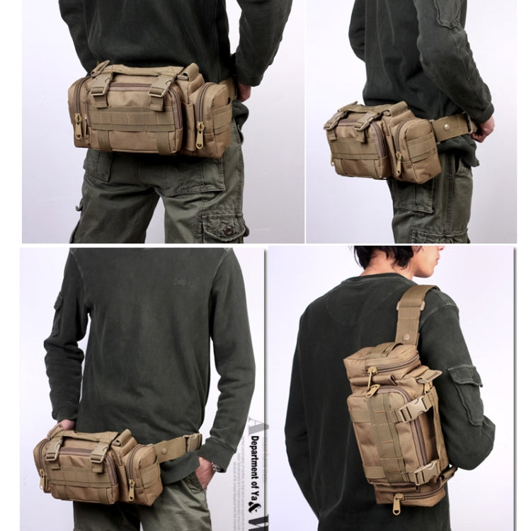 Khaki utility waist bag with adjustable long strap and front MOLLE-style pouches