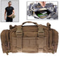 Khaki tactical waist bag close-up with front organizer webbing, zipper closure, and side loops