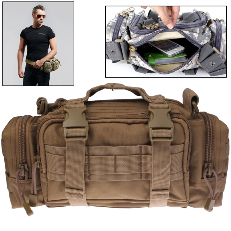 Khaki tactical waist bag close-up with front organizer webbing, zipper closure, and side loops