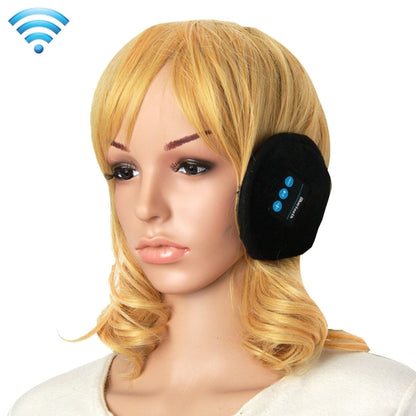 Black Bluetooth winter earmuff with blue control buttons on side of headband