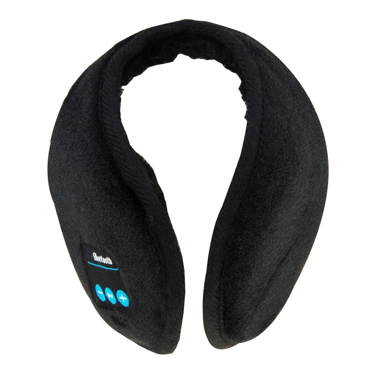 Black plush Bluetooth winter earmuffs, rounded shape with blue button icons