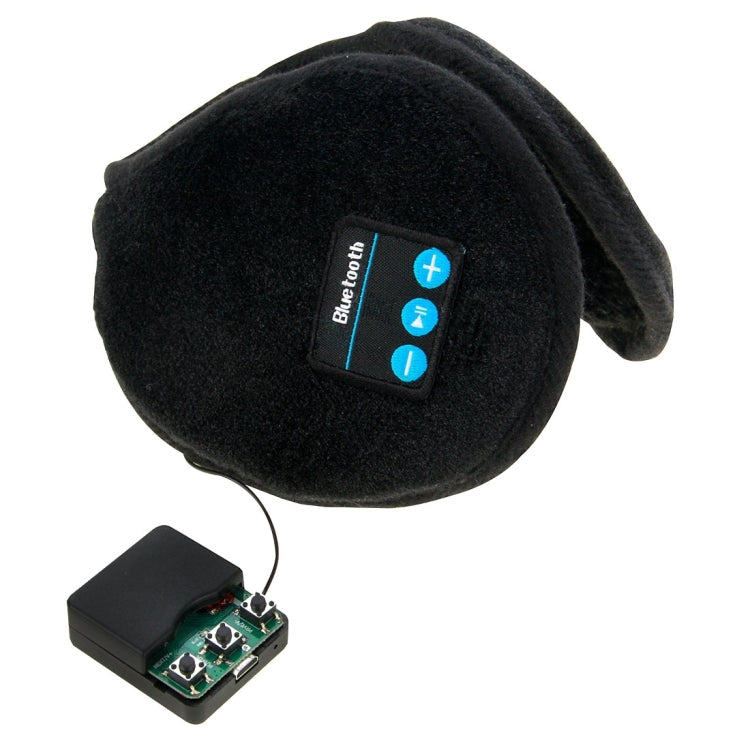 Black Bluetooth earmuff with blue button panel and connected music control module